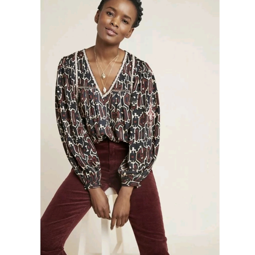 Maeve Veda Embroidered Peasant Blouse Puff Sleeves